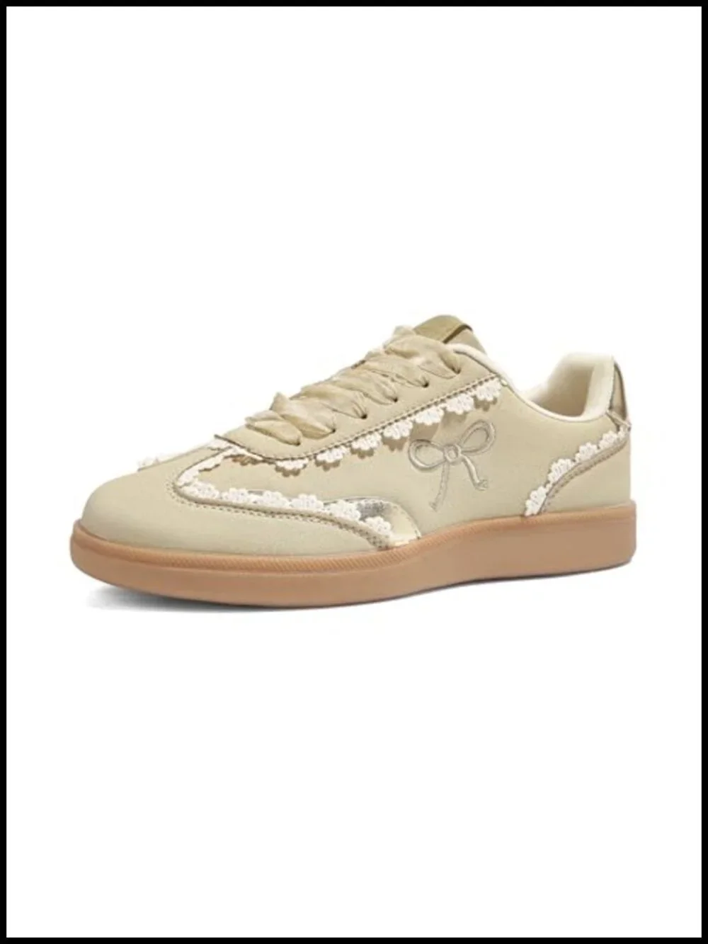 Women's Lace Detail Casual Sneakers Organza Ribbon Lace-Up Fashion Vintage Gum